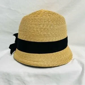Vintage 80s/90s Kokin NY Woven Straw Cloche Hat with Black Bow Girls White Vintage Style Black Bow Tie Cloche Hat – Mia  main image 4